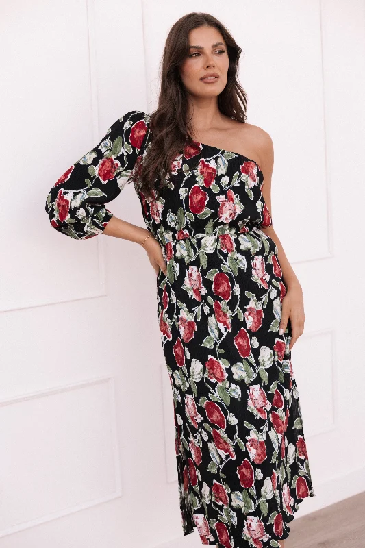 ladies-midi-dress-sepia-tone-Pontee One Shoulder Pleated Midi Dress - Black Rose Print