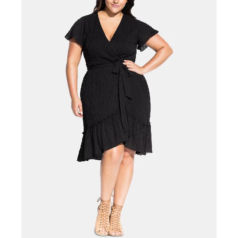 ladies-trumpet-dress-black-elegant-City Chic Women's Trendy Plus Striped Faux Wrap Fit & Flare Dress Black Size 24W