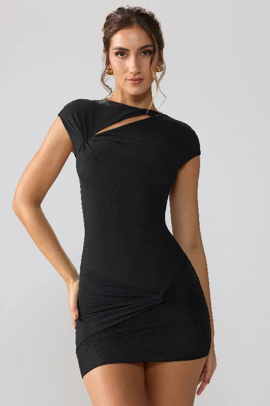 ladies-mini-dress-coffee-date-Mesh Cap Sleeve Cut Out Mini Dress in Black