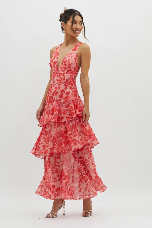 ladies-midi-dress-feminine-style-Veda Strappy Back Ruffle Midi Dress Floral Red