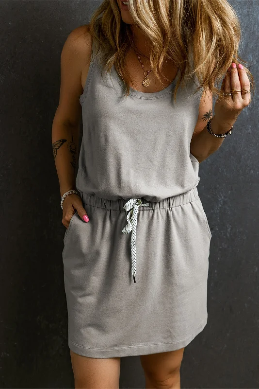 ladies-mini-dress-linen-fabric-Drawstring Scoop Neck Mini Dress