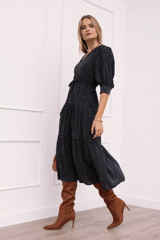 ladies-midi-dress-boho-chic-Moscow Midi Dress - Black Polka Dot