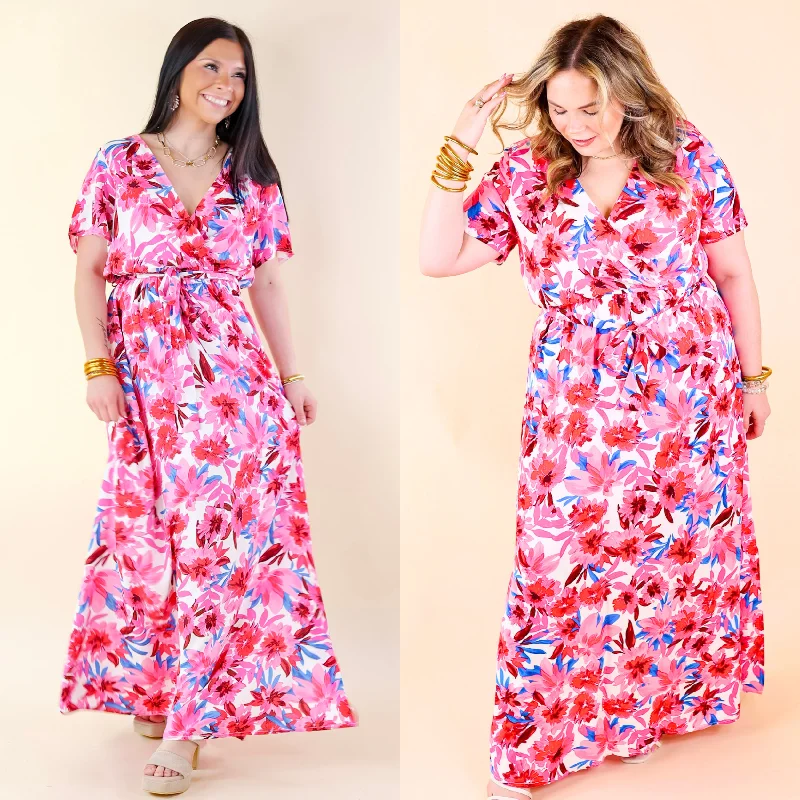 ladies-floral-dress-stretch-fit-Delightful Dip Floral Maxi Dress with Waist Tie in Pink Mix