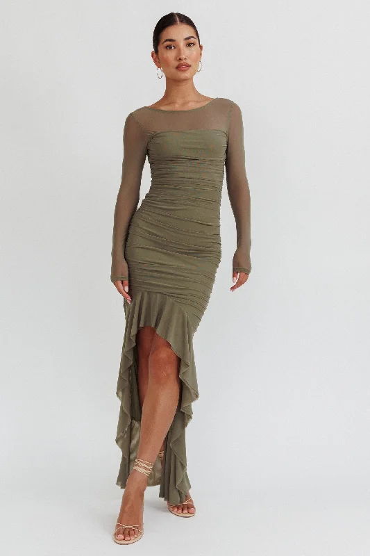 ladies-maxi-dress-70s-inspired-Jozelle Long Sleeve Ruched Maxi Dress Olive