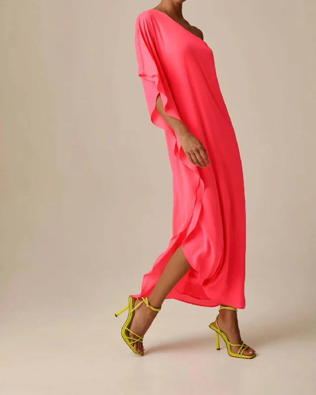 ladies-maxi-dress-leather-accent-Draped One Shoulder Maxi Dress In Ultra Pink