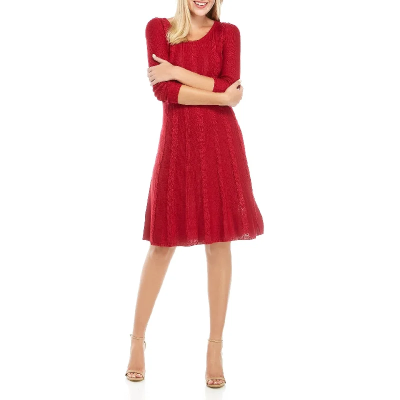 ladies-trumpet-dress-high-waist-Nine West Women's V-Neck Fit & Flare Cable Knit Dress Red Size Small