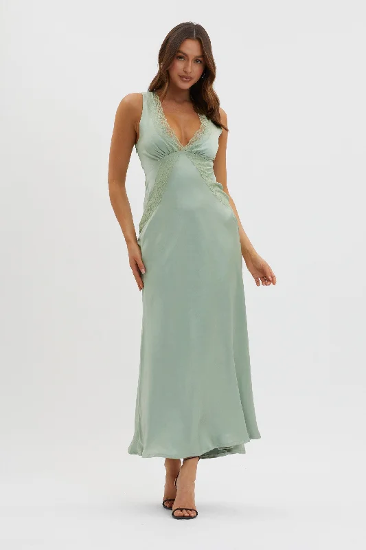 ladies-maxi-dress-peach-tone-Ivonne Lace Trim V-Neck Maxi Dress Sage