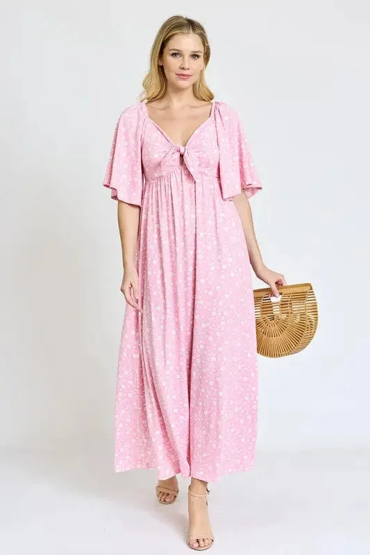 ladies-floral-dress-side-slit-Floral Angel Sleeve Front Tie Maxi Dress