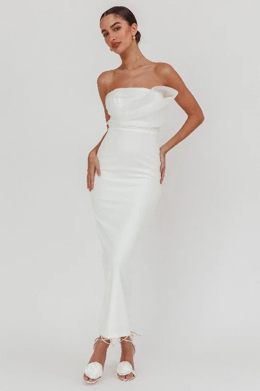 ladies-maxi-dress-celebrity-style-Karaline Strapless Bust Accent Maxi Dress White