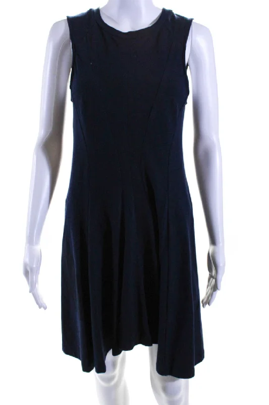 ladies-trumpet-dress-versatile-look-Marni Women's Round Neck Sleeveless Fit Flare Midi Dress Navy Blue