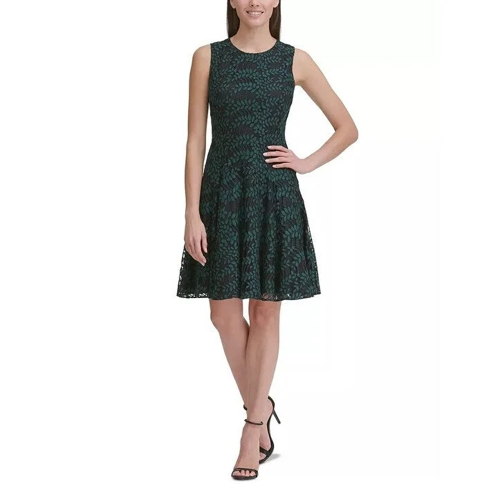 ladies-trumpet-dress-v-neck-design-Tommy Hilfiger Women's Woodstock Lace Fit & Flare Dress Green Size 6