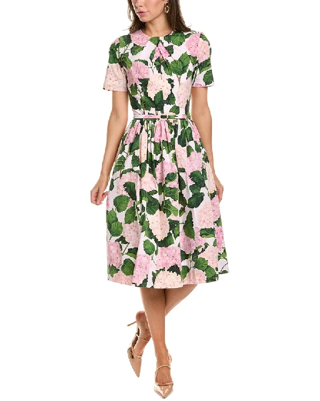 ladies-midi-dress-taupe-neutral-Oscar de la Renta Hydrangea Print Midi Dress