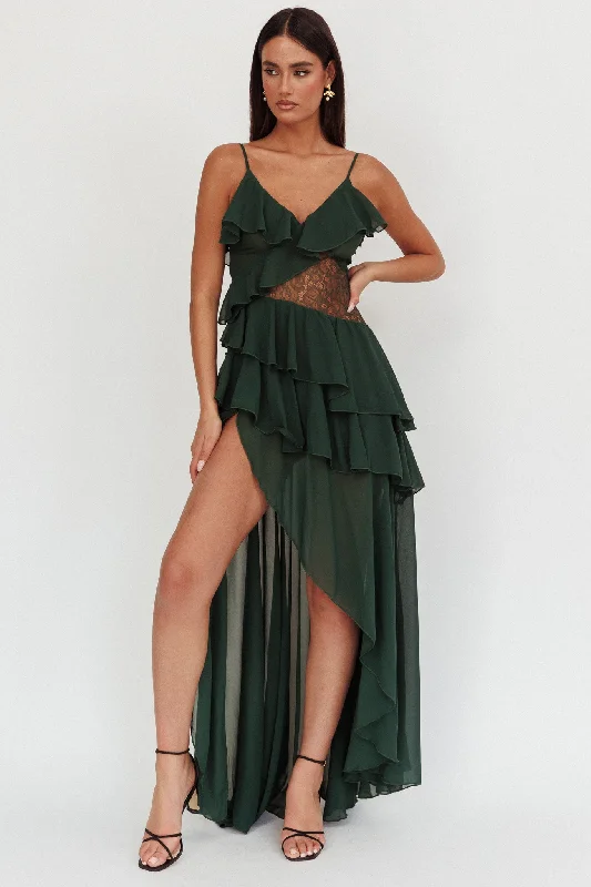 ladies-maxi-dress-curvy-style-Amaretto Lace Waist Ruffle Maxi Dress Hunter Green