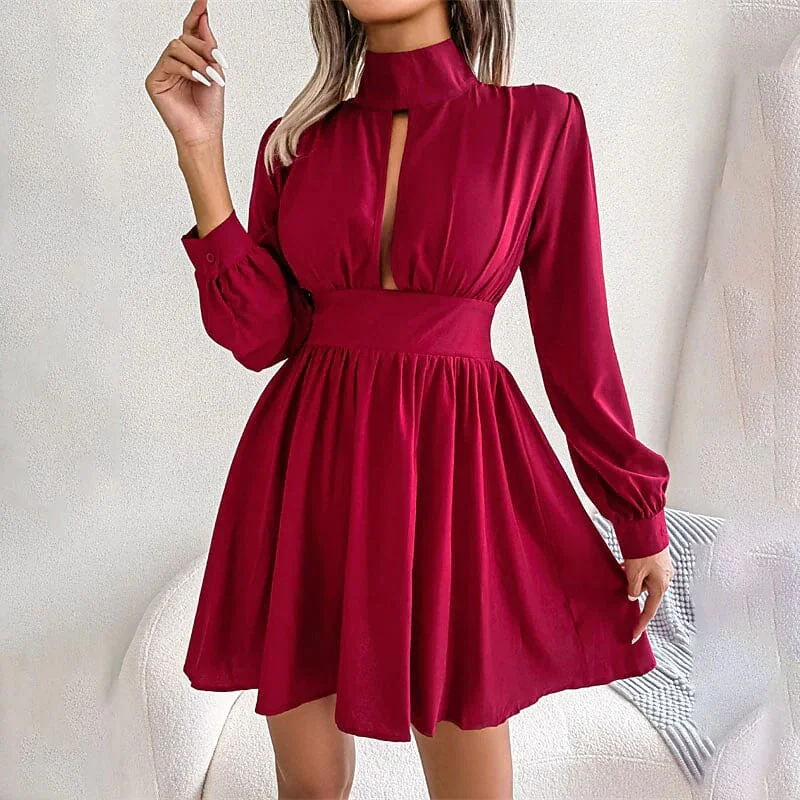 ladies-mini-dress-stretch-fit-Women's A Line Turtleneck Mini Dress