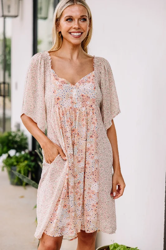 ladies-floral-dress-silk-touch-It's For Real Peach Pink Ditsy Floral Dress