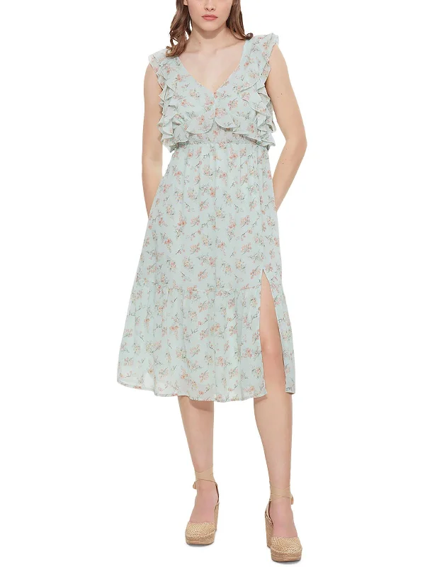 ladies-midi-dress-linen-fabric-Womens Chiffon Floral Midi Dress