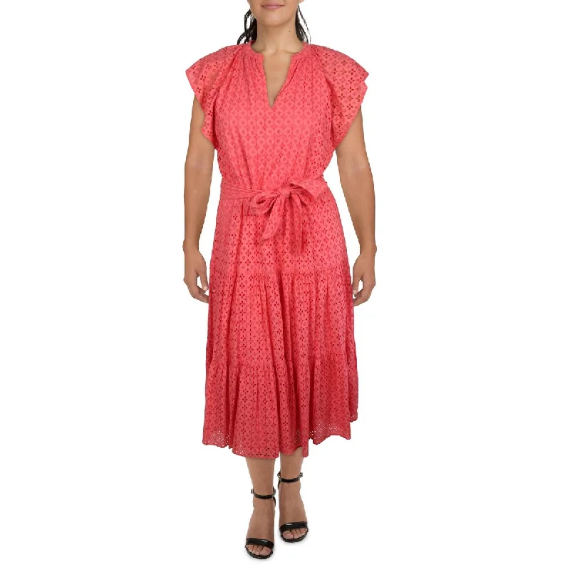 ladies-trumpet-dress-bold-color-Womens Eyelet Midi Fit & Flare Dress