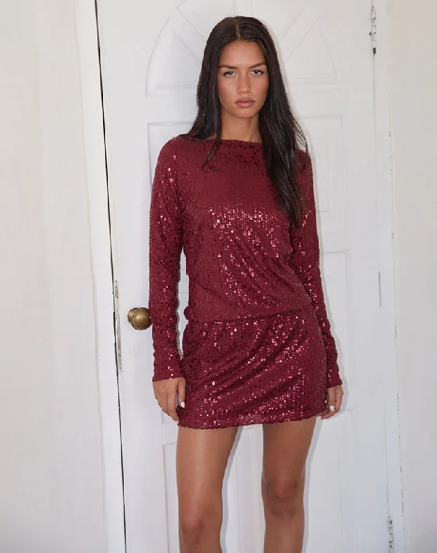 ladies-mini-dress-photo-ready-Jasilia Long Sleeve Mini Dress in Gauzy Sequin Red