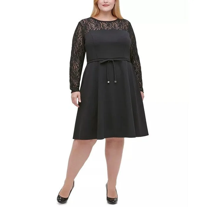 ladies-trumpet-dress-black-elegant-Tommy Hilfiger Women's Plus Size Lace-Sleeve Fit & Flare Dress Black Size 18