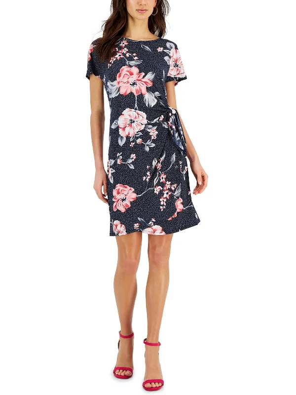 ladies-trumpet-dress-solid-color-Petites Womens Faux Wrap Floral Fit & Flare Dress