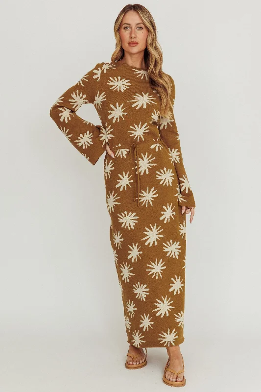 ladies-maxi-dress-stretch-fit-Orleans Star Print Knit Maxi Dress Olive