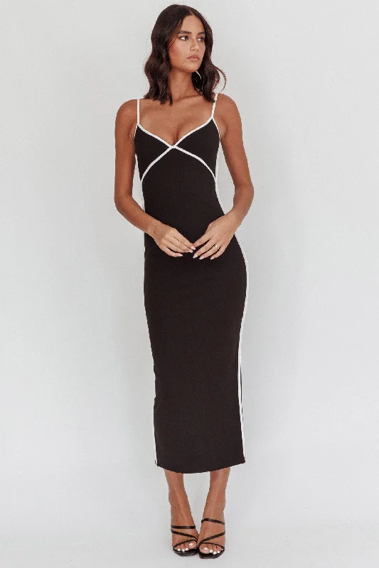 ladies-maxi-dress-shift-dress-She's A Mystery Piping Trim Maxi Dress Black