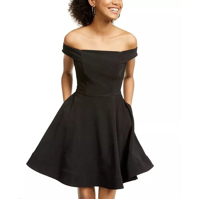 ladies-trumpet-dress-button-detail-Crystal Doll Junior's Off The Shoulder Fit & Flare Dress Black Size XX-Large