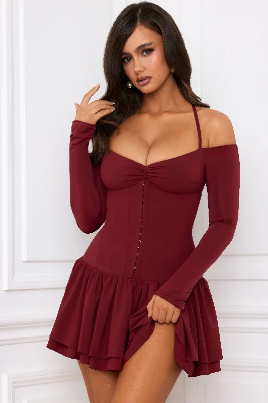 ladies-mini-dress-vacation-wear-Off-Shoulder Tiered Corset Mini Dress in Berry Red