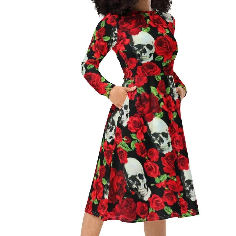 ladies-floral-dress-seasonal-trend-Women's Skull Red Floral Roses Long Sleeve Midi Dress