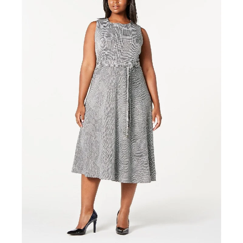 ladies-trumpet-dress-ruffle-hem-Calvin Klein Women's Trendy Plus Size Plaid Belted Fit & Flare Dress Medium Gray Size Petite Small