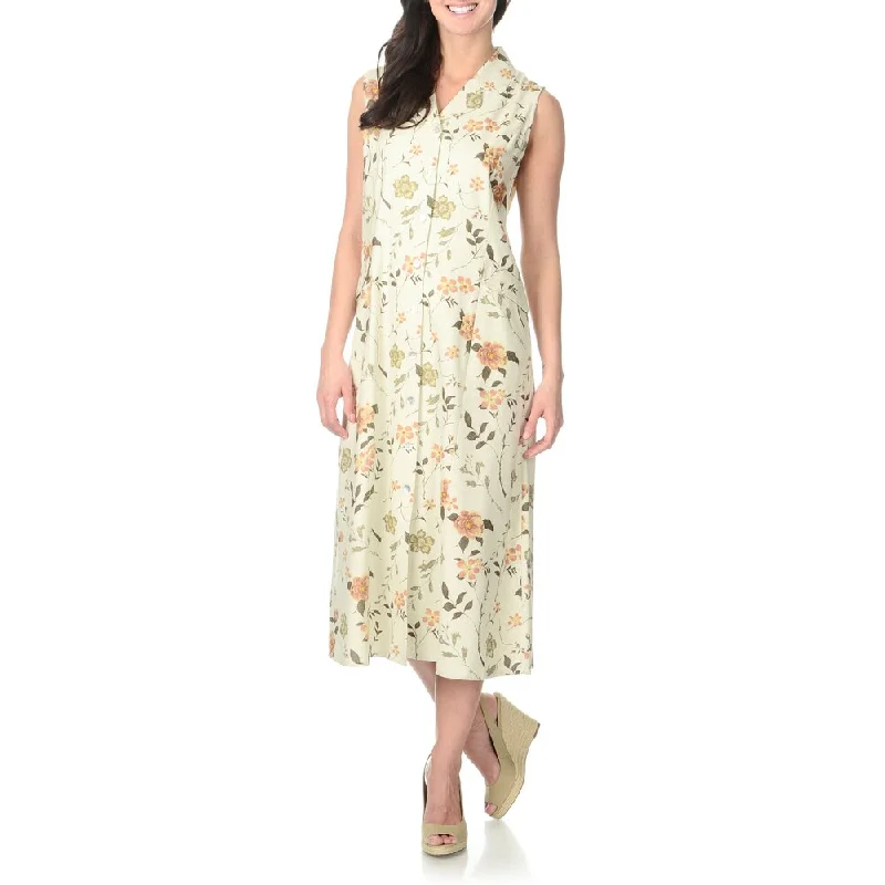 ladies-floral-dress-plus-size-La Cera Women's Ivory Floral Print Silk Button-front Dress