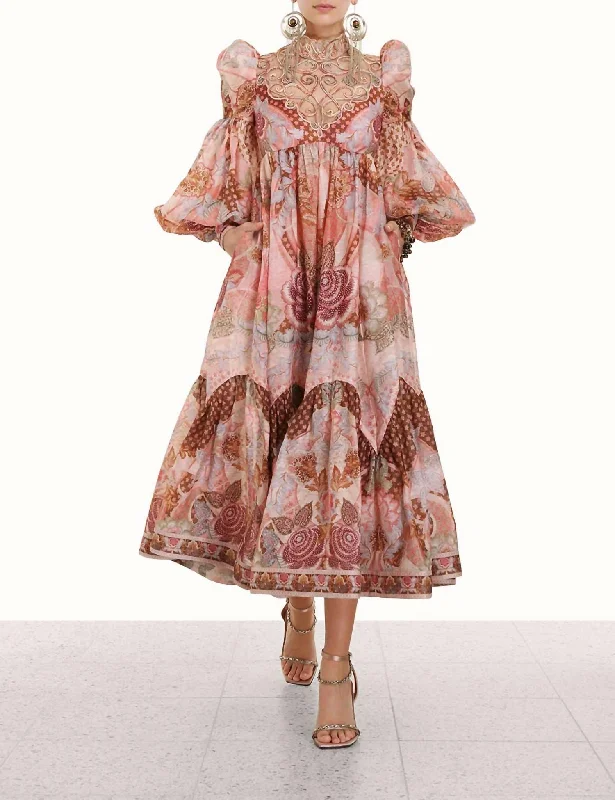 ladies-midi-dress-short-sleeve-Kaleidoscope Swirl Yoke Midi Dress In Apricot Floral