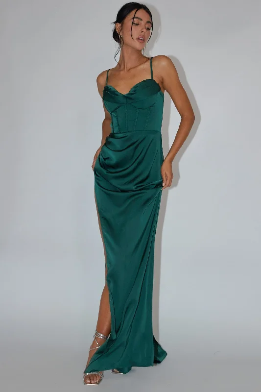 ladies-maxi-dress-cobalt-blue-Secret Sweetheart Neckline Split Maxi Dress Hunter Green