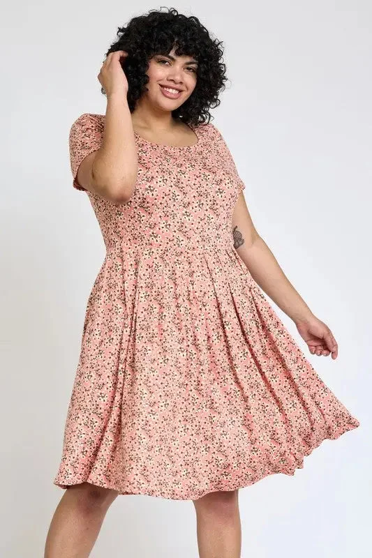 ladies-floral-dress-daisy-pattern-Plus Floral Short Sleeve Pleated Midi Dress