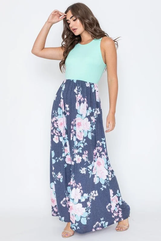 ladies-floral-dress-button-down-Plus Sleeveless Floral Maxi Dress