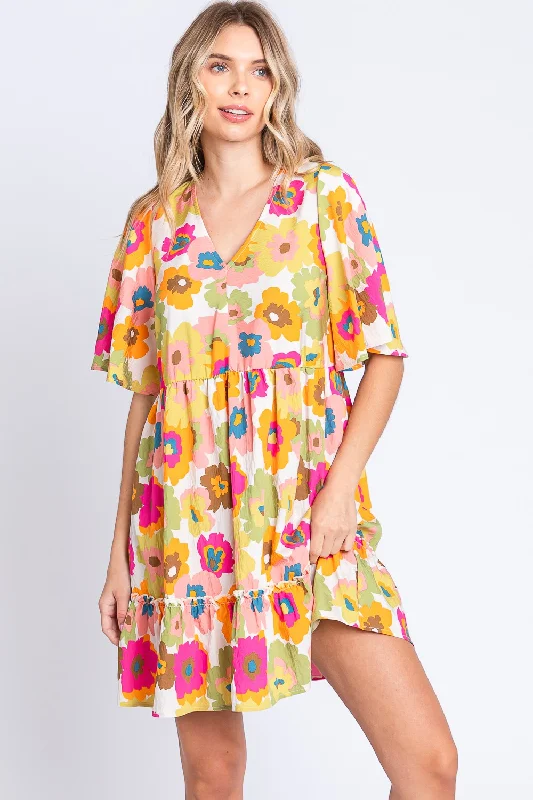 ladies-mini-dress-brunch-outfit-GeeGee Floral V-Neck Ruffle Hem Mini Dress