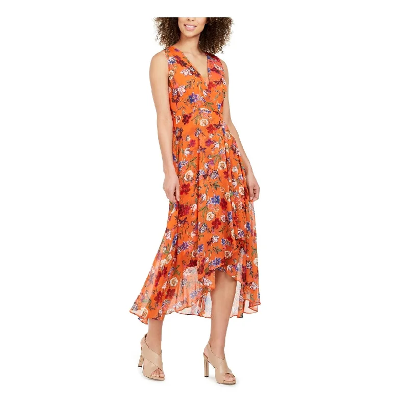 ladies-floral-dress-sophisticated-Calvin Klein Womens Floral High-Low Dress, Orange, 16