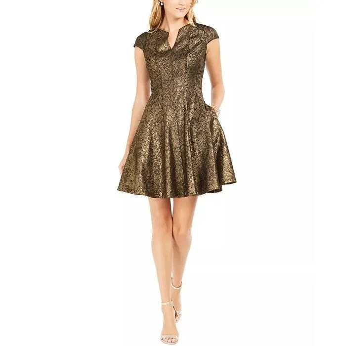 ladies-trumpet-dress-backless-Julia Jordan Women's Bonded Lace Fit & Flare Dress Metallic Gold Size Medium Regular - Medium Regular