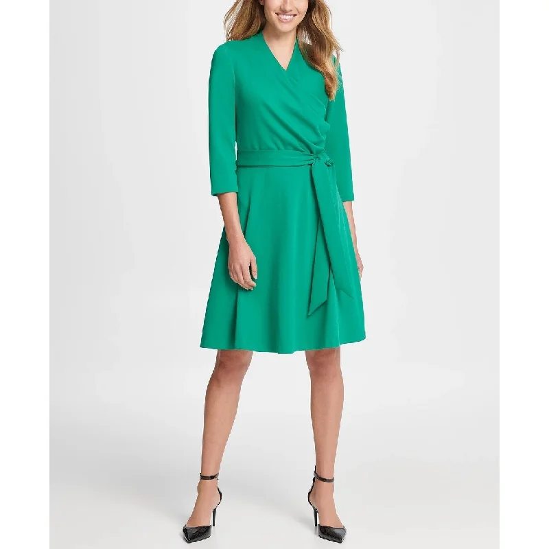 ladies-trumpet-dress-spring-collection-DKNY Women's Surplice Ponte Fit & Flare Dress Med Green Size 8