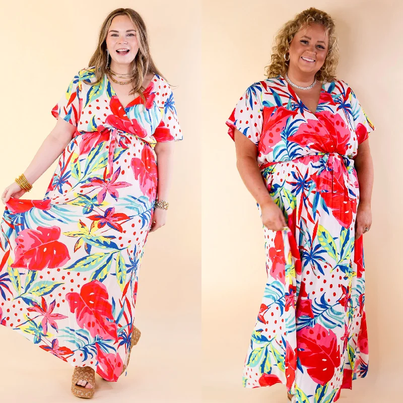 ladies-floral-dress-breathable-Delightful Dip Tropical Floral Maxi Dress with Waist Tie in White