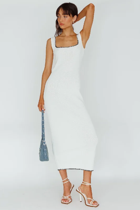 ladies-maxi-dress-tie-front-North Shore Blanket Stitch Knit Maxi Dress White