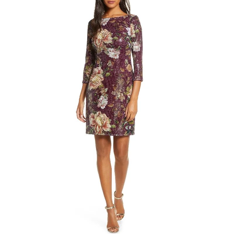 ladies-floral-dress-maroon-elegant-Vince Camuto Women's Sequined Floral Shift Dress Wine Floral Size 10