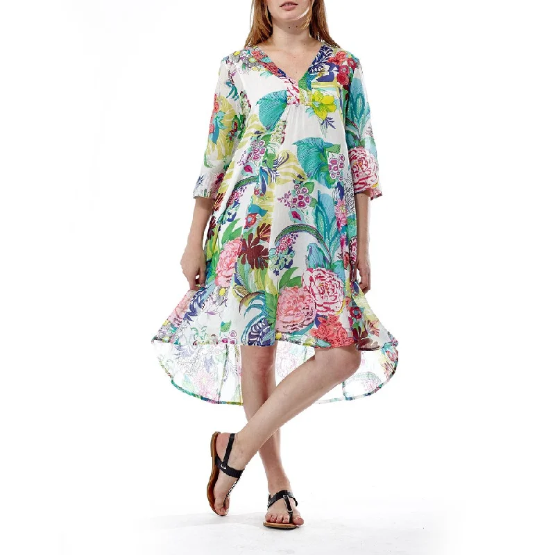 ladies-floral-dress-flared-skirt-La Cera Women's Multicolored Cotton 3/4-sleeve Floral Pullover Dress