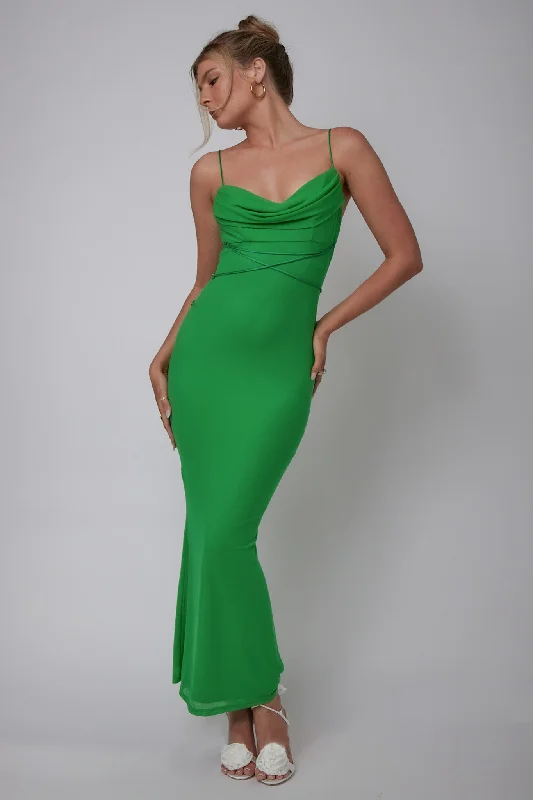 ladies-maxi-dress-v-neck-Teava Laced Waist Maxi Dress Green