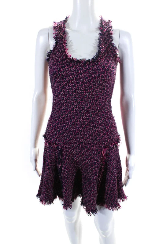 ladies-trumpet-dress-floral-print-Lanvin Womens Scoop Neck Tweed Fit & Flare Sheath Dress Pink Purple