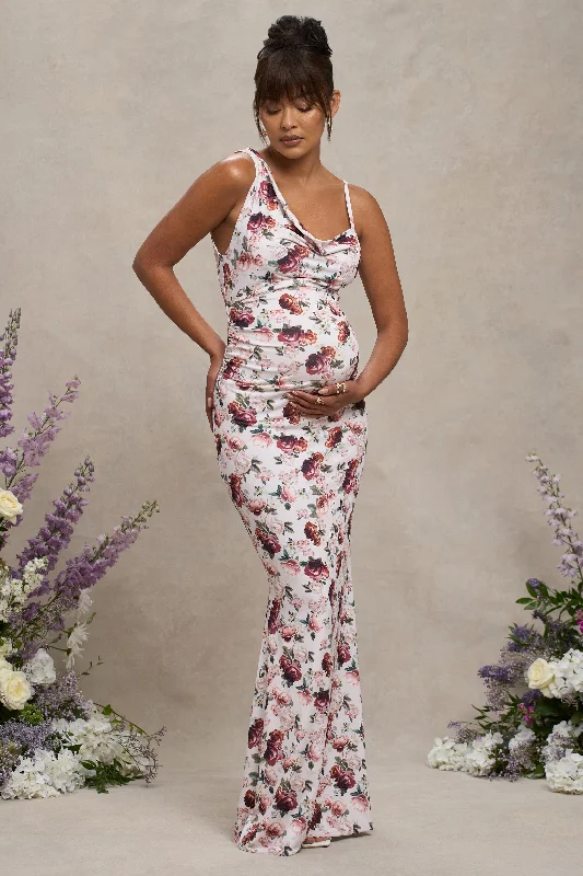 ladies-floral-dress-photo-ready-Phantasy | White Floral Maternity Cowl Neck Maxi Dress