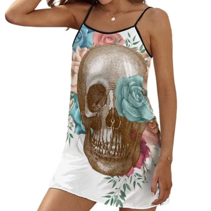 ladies-floral-dress-eco-friendly-Ladies Skull Blue Floral V-Neck Slip Dress