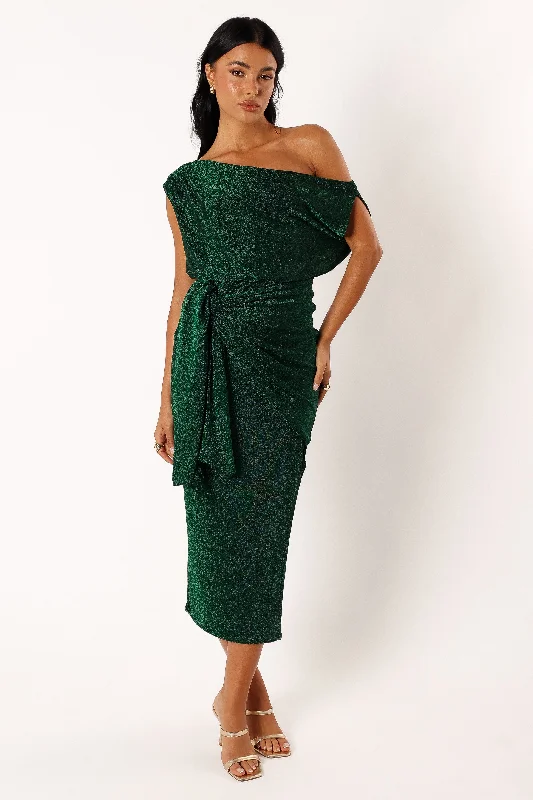 ladies-midi-dress-one-shoulder-Santiago Off Shoulder Midi Dress - Emerald