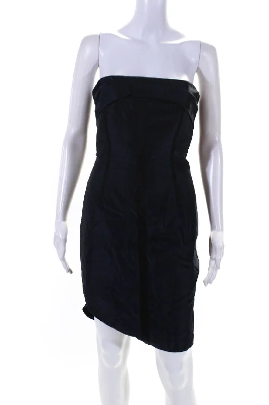 ladies-trumpet-dress-shimmer-finish-Redux Charles Chang-Lima Womens Strapless Satin Flare Sheath Dress Navy