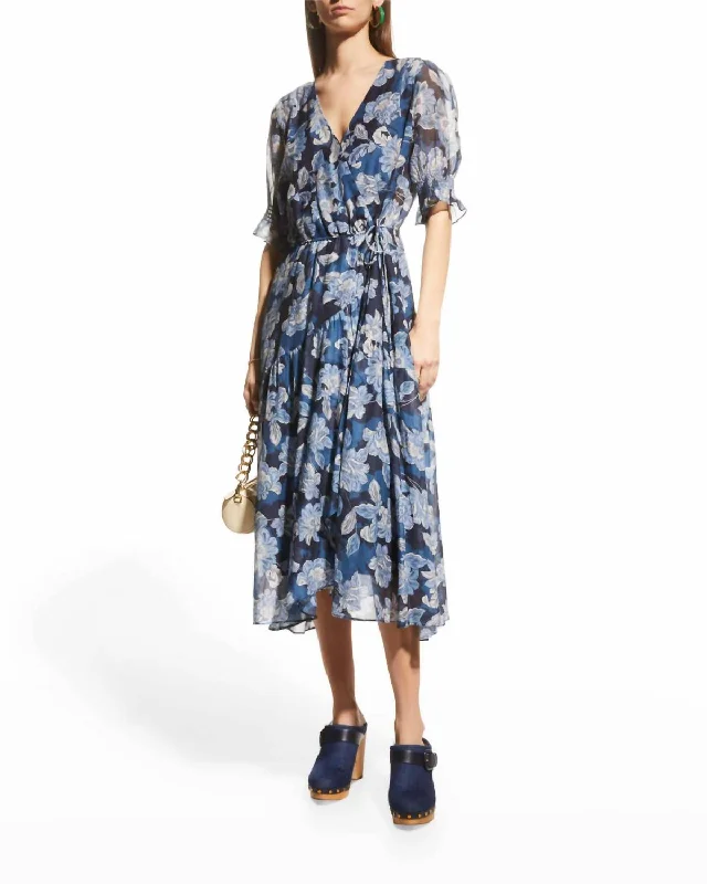 ladies-midi-dress-sequin-shine-Mar Floral Print Midi Wrap Dress In Blue